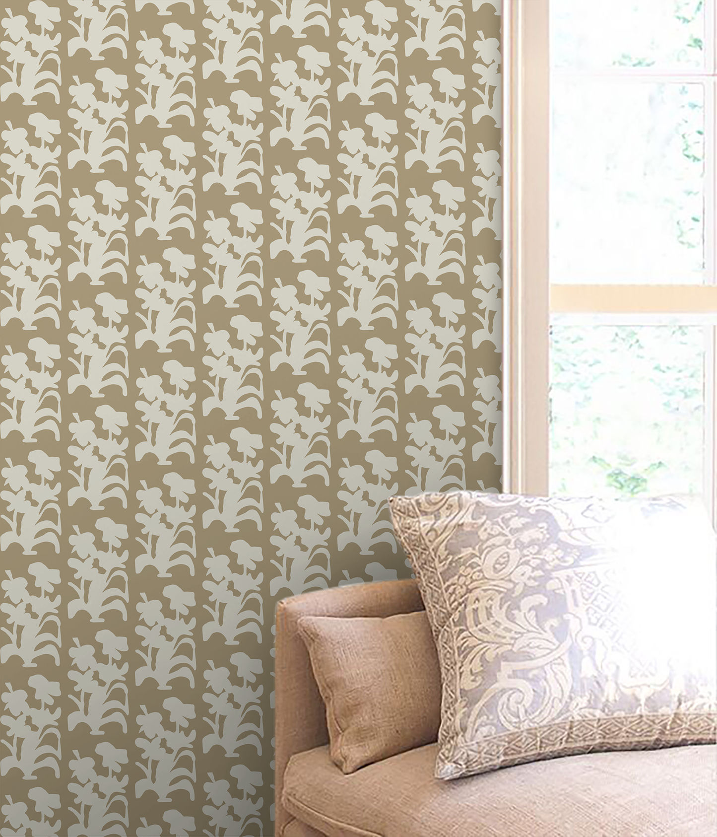 Suzani Burlap and White Wallpaper