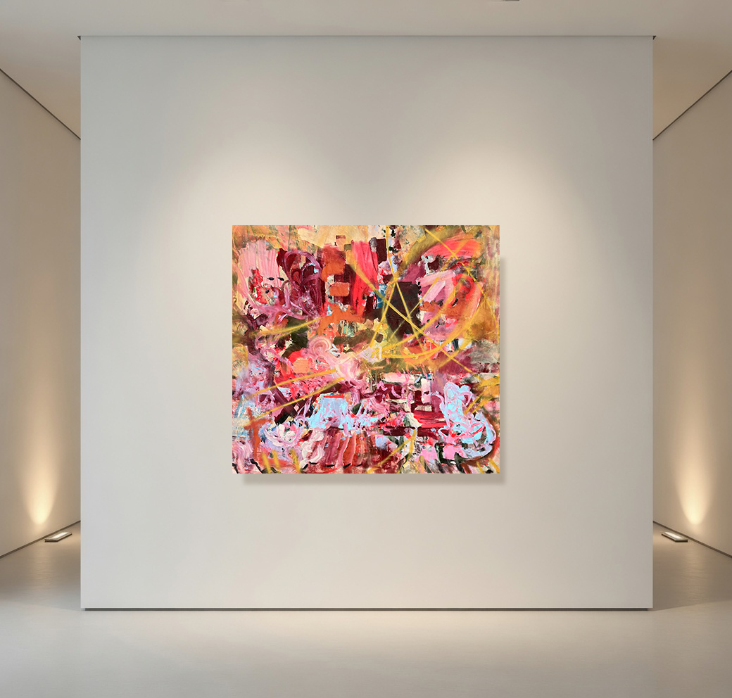 Chartreuse Yellow Garnet Claret Pink Abstract Painting