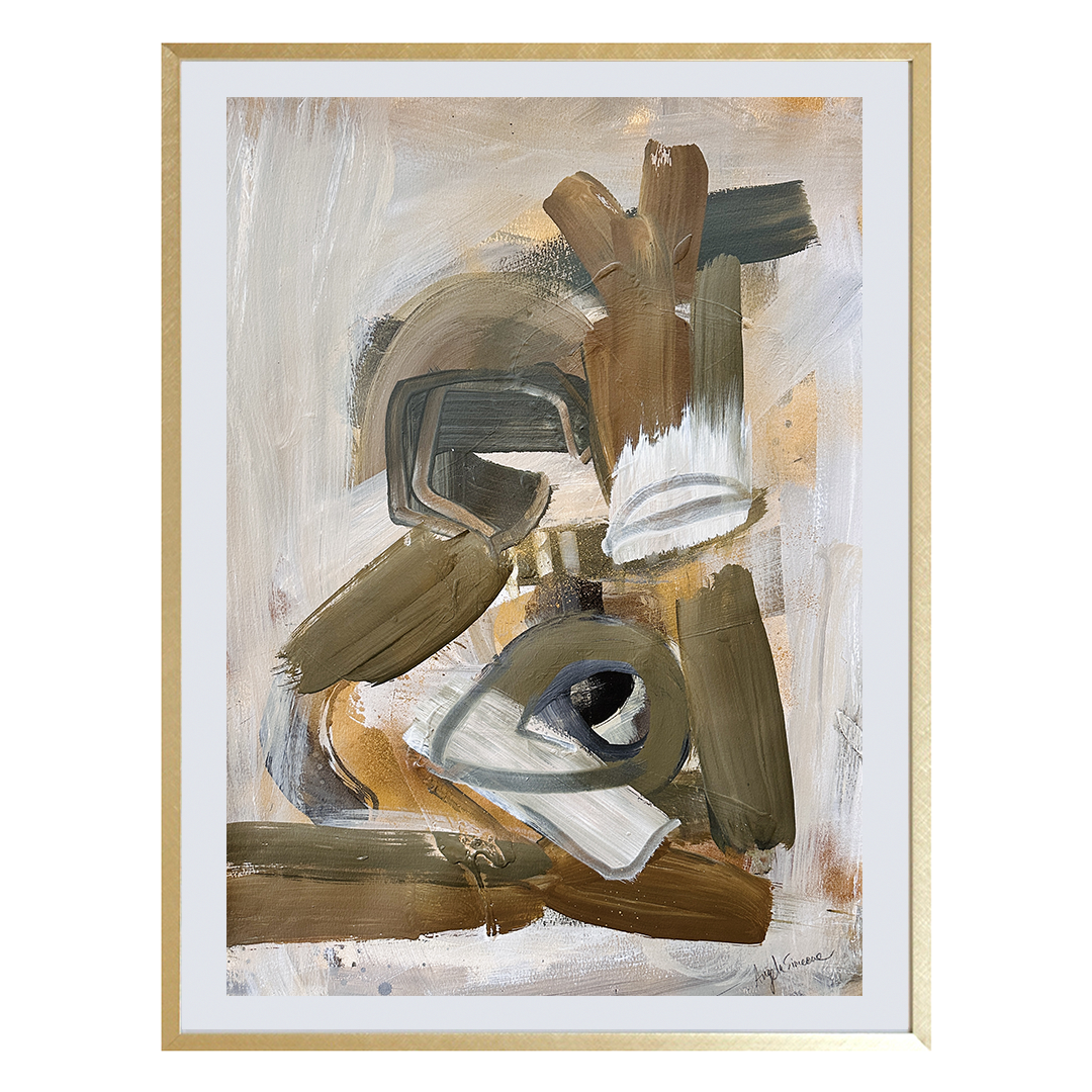 gold tan grey warm white Angela Simeone abstract painting on watercolor paper brown olive green army green black gold abstract painting original art frame nashville artist nashville painter nashville art