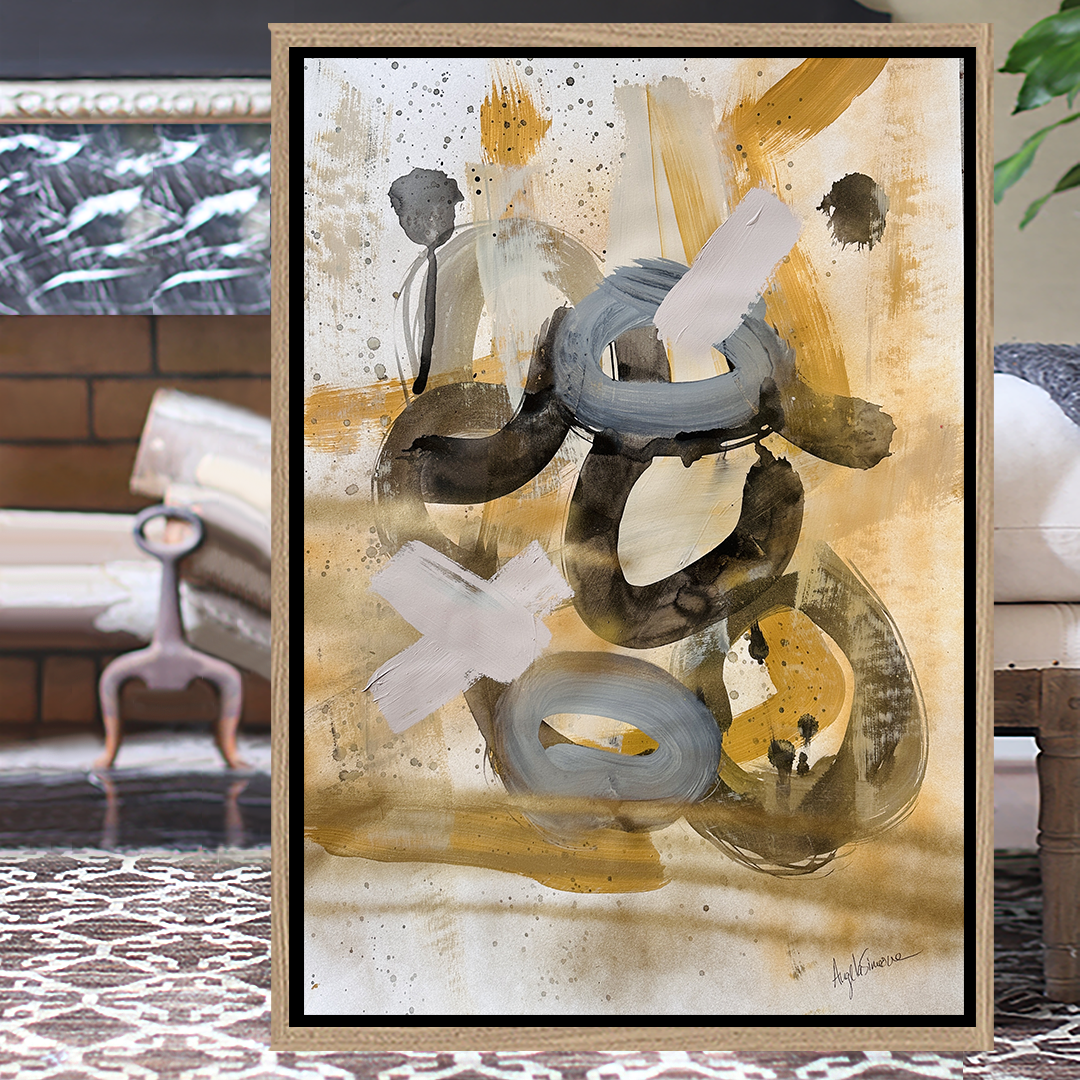 Angela Simeone abstract painting on watercolor paper brown olive green army green black gold abstract painting original art frame nashville artist nashville painter nashville art