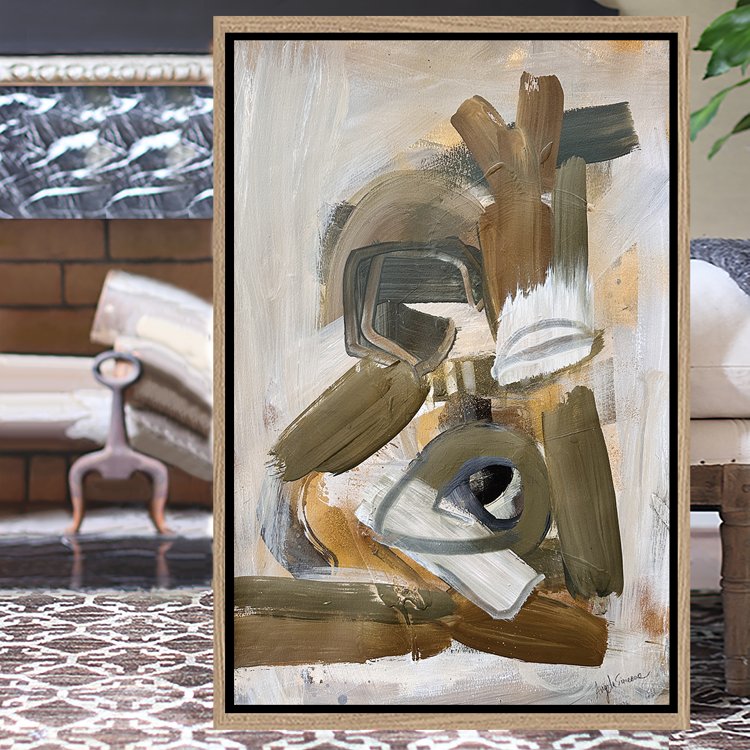 gold tan grey warm white Angela Simeone abstract painting on watercolor paper brown olive green army green black gold abstract painting original art frame nashville artist nashville painter nashville art