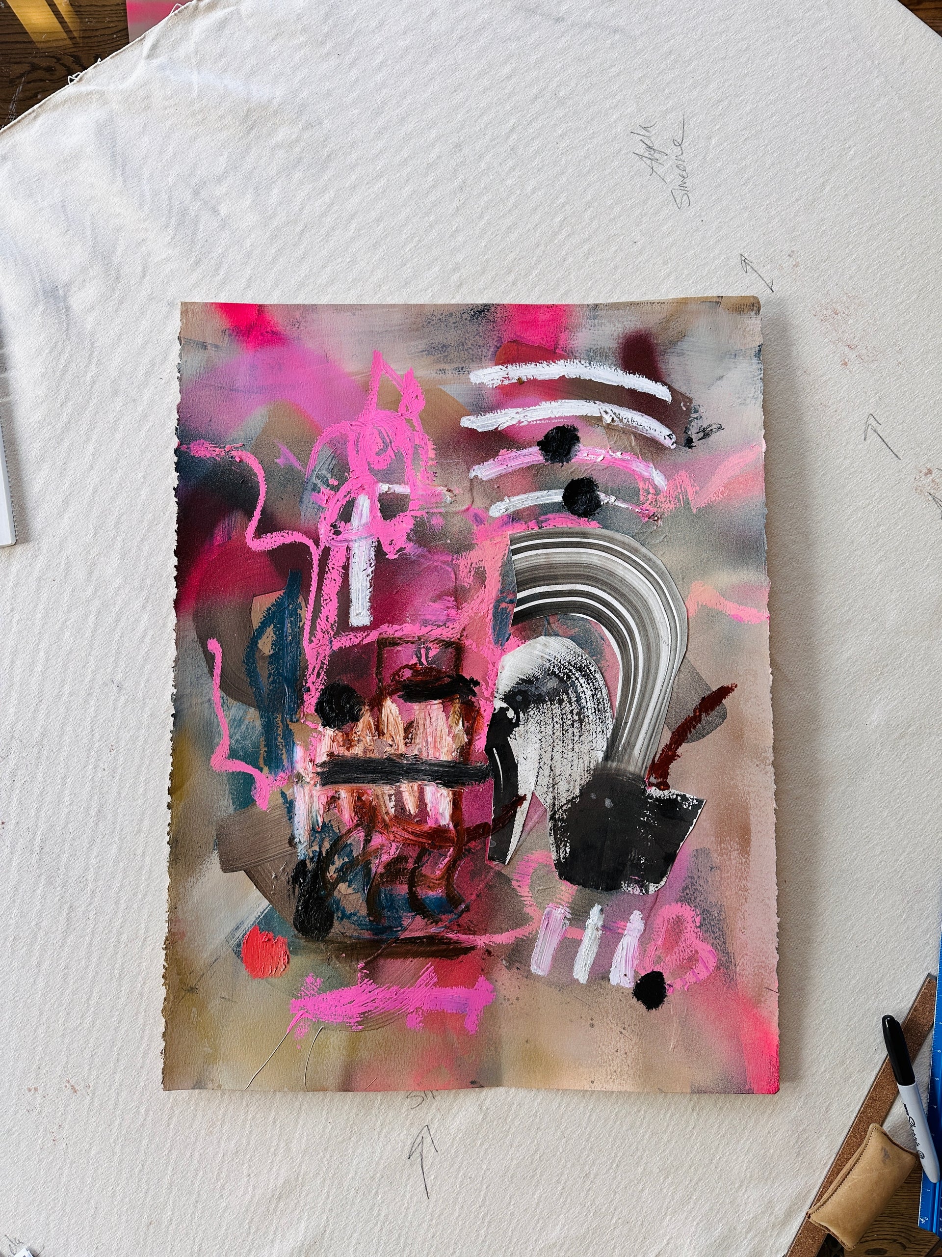 Burnished Bronze Background with Fuschia, Pink, White, Rust and Black Oil Stick 4 Paper Painting
